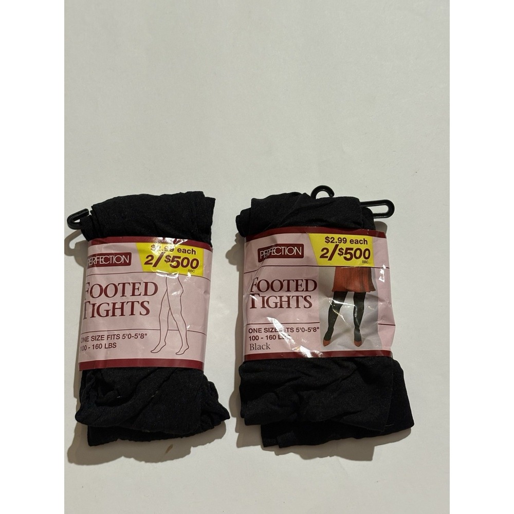Perfection Footed Tights Lot Of 2 Black  Fits 5' -5' 8" 100 - 160Lbs Vintage New
